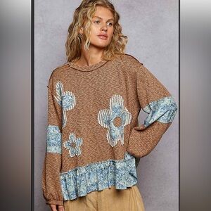 M POL Brown Floral Patchwork Knit Top with Blue Accents